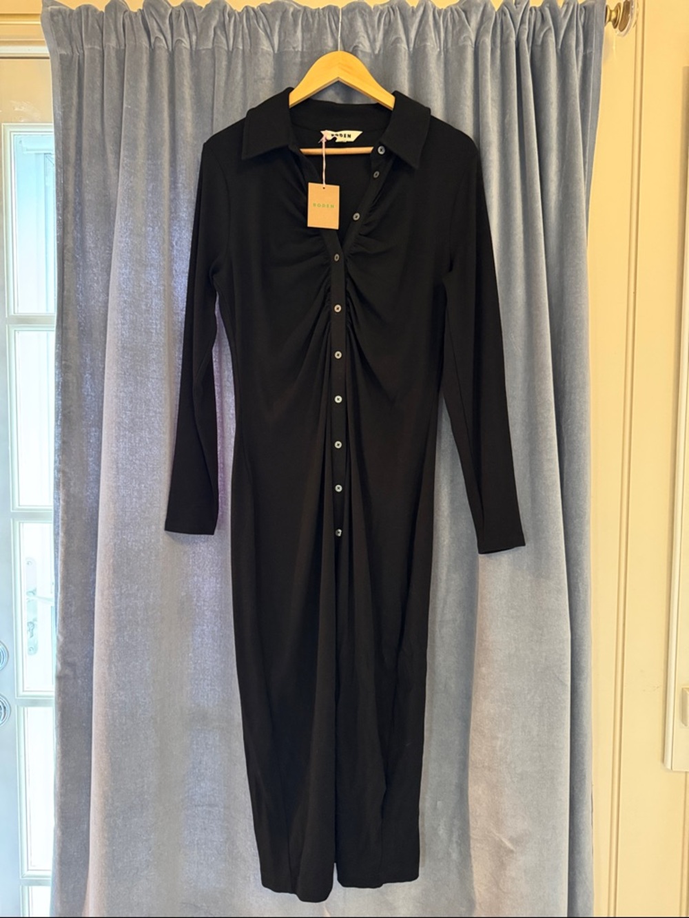 Boden Black Long-Sleeve Ruched Button-Front Dress